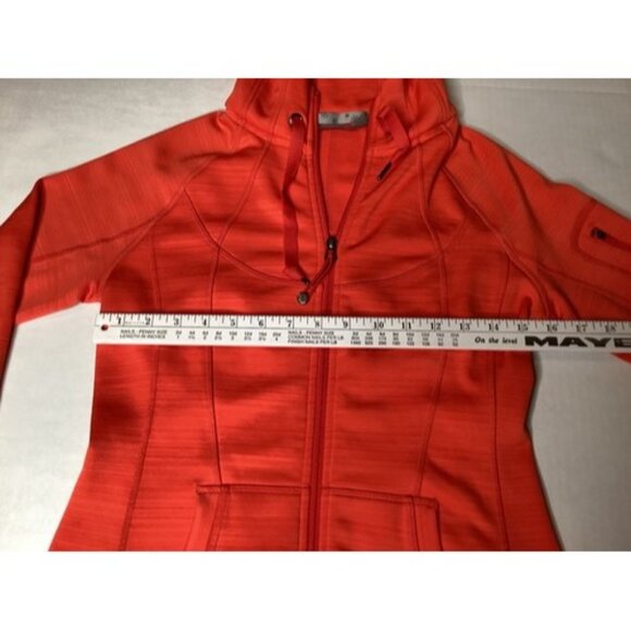 Athleta Scuba Style Hoodie Womens Small Red Orange Zip Thumbholes 3 Pockets - Picture 3 of 5